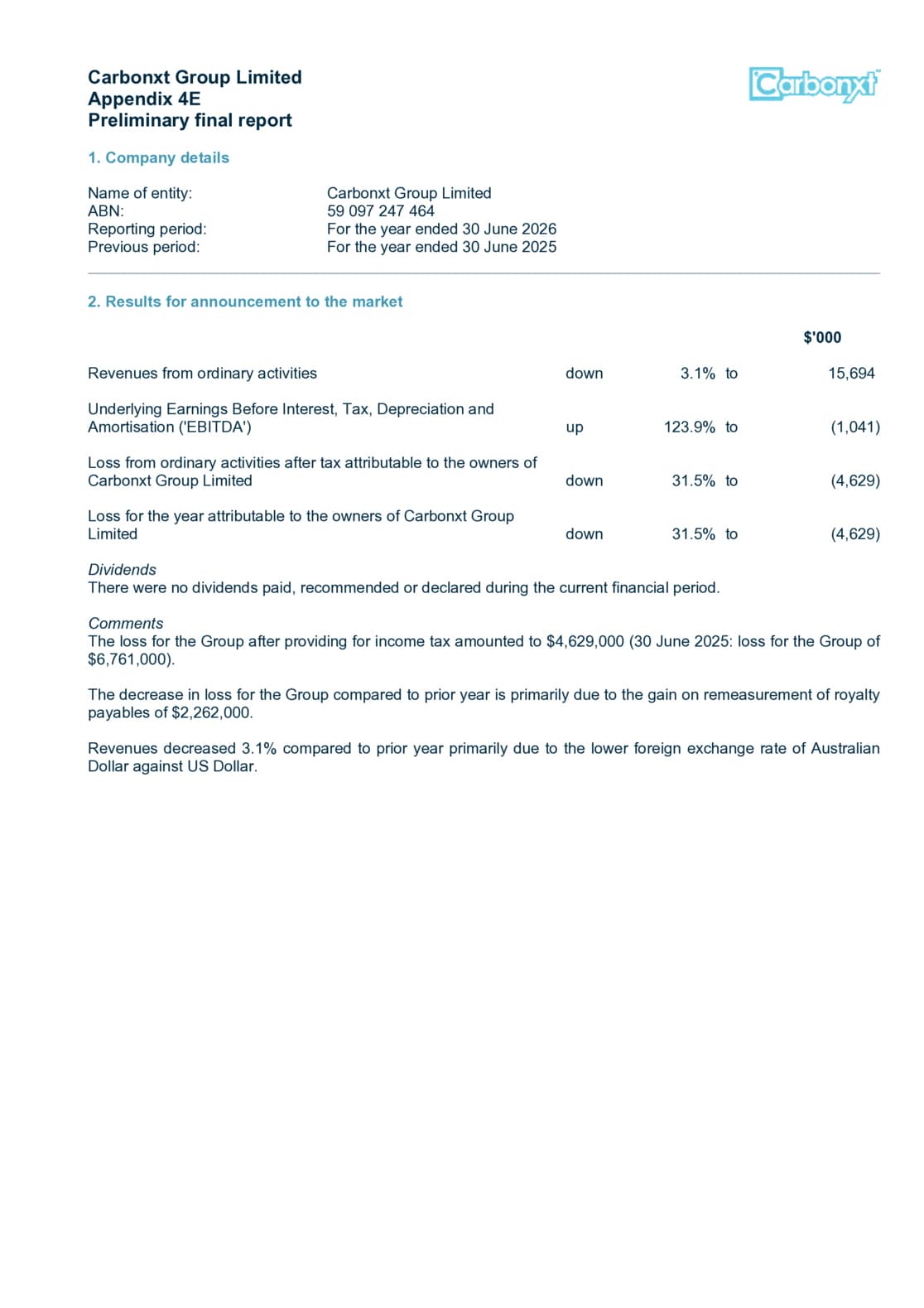 Appendix 4E and Annual Report